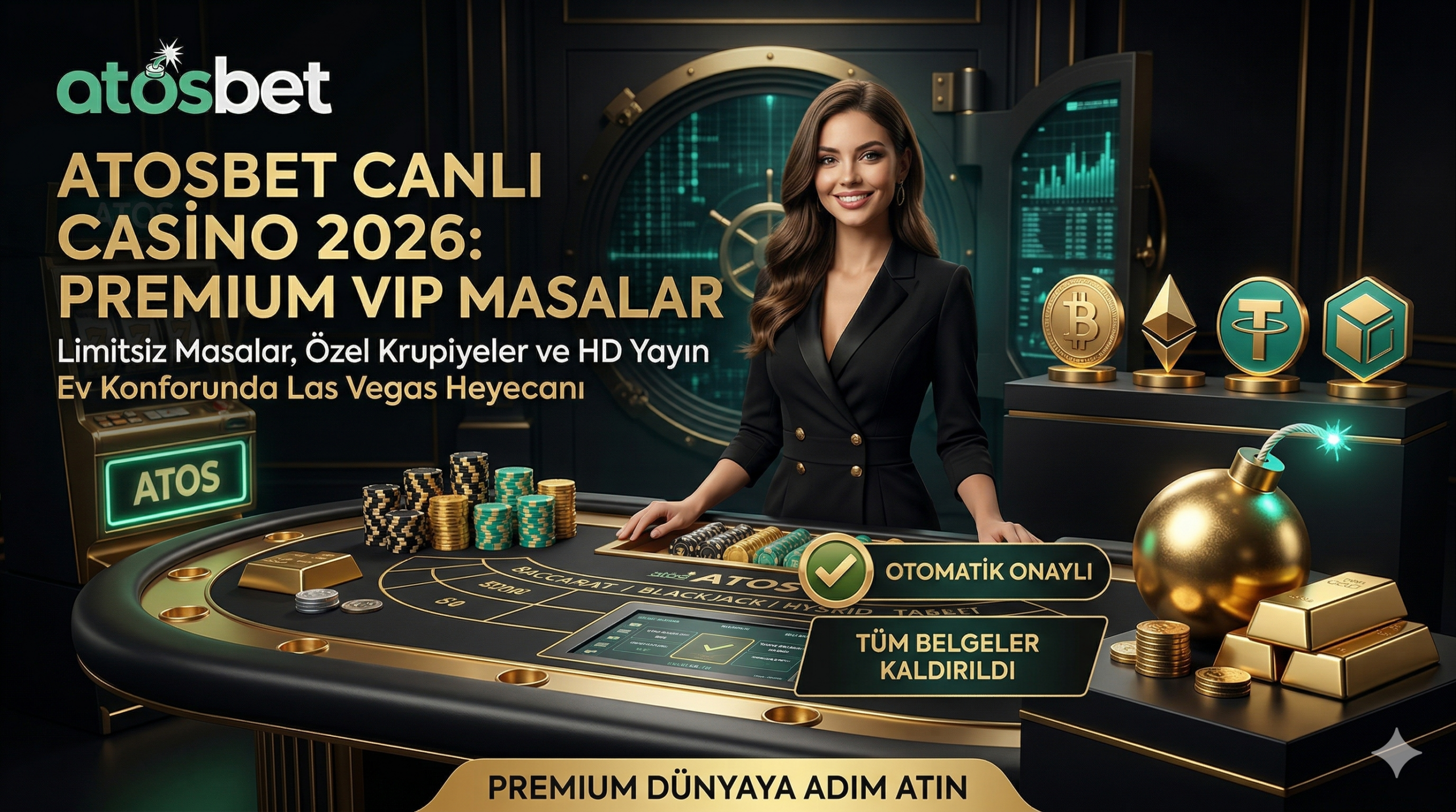 Atosbet canlı casino lobisini, VIP masalarda hizmet veren profesyonel krupiyeleri ve HD yayın kalitesini gösteren lüks rehber görseli.