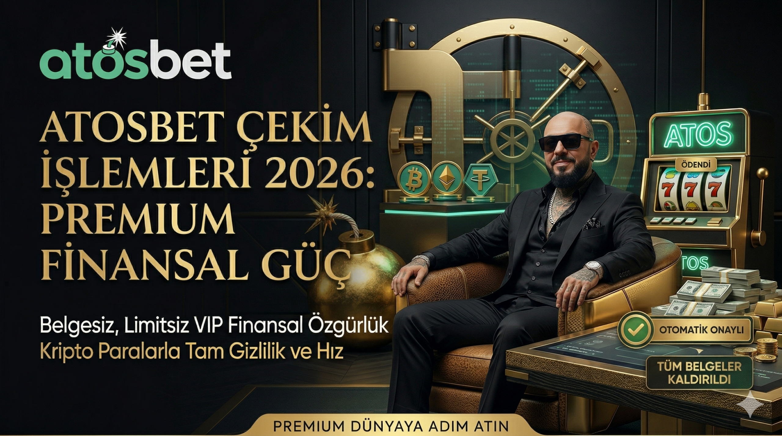 Atosbet çekim işlemlerini, belgesiz finansal onay sürecini ve VIP üyelere sunulan limitsiz kripto para çekim ayrıcalıklarını gösteren kurumsal görsel.