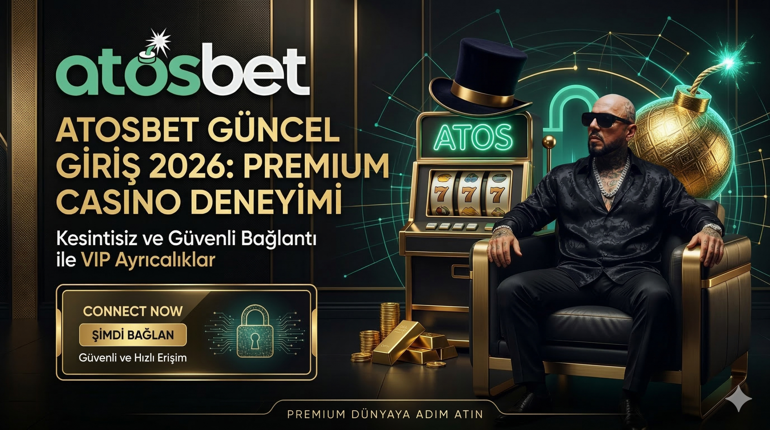 Atosbet güncel giriş adresini, premium casino altyapısını ve yeni nesil kesintisiz bağlantı özelliklerini gösteren şık rehber görseli.