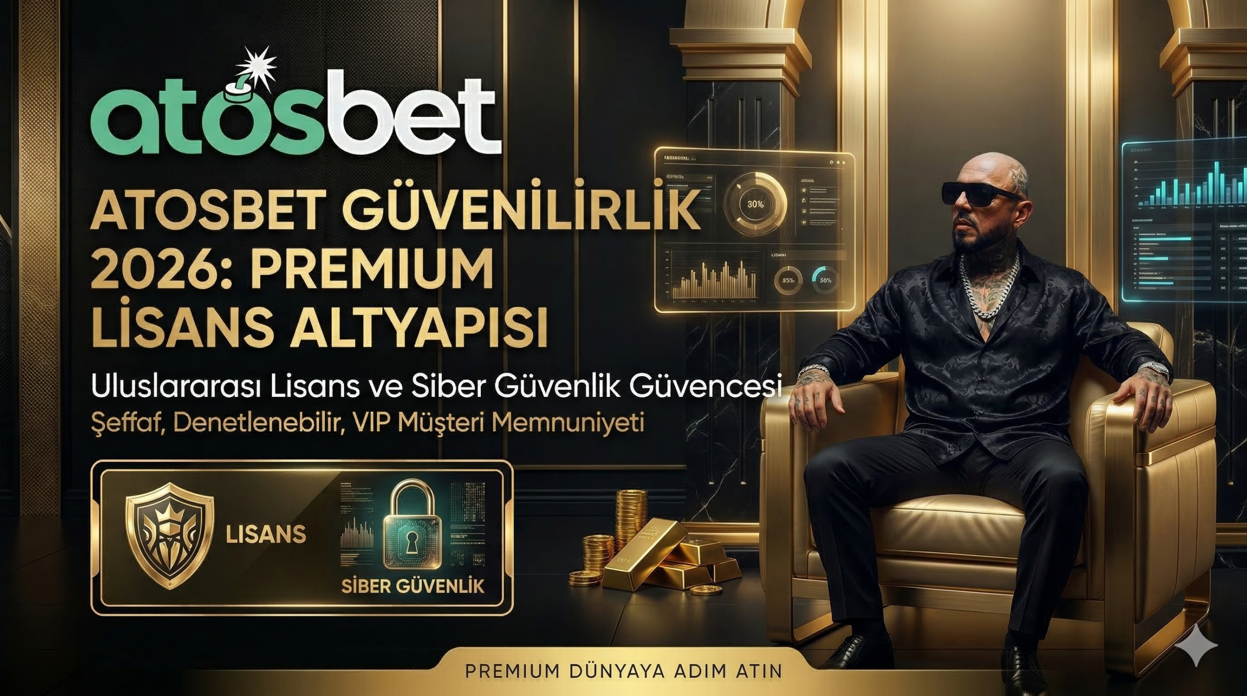 Atosbet güvenilirlik standartlarını, uluslararası oyun lisansını ve veri şifreleme sistemlerini gösteren premium kurumsal görsel.