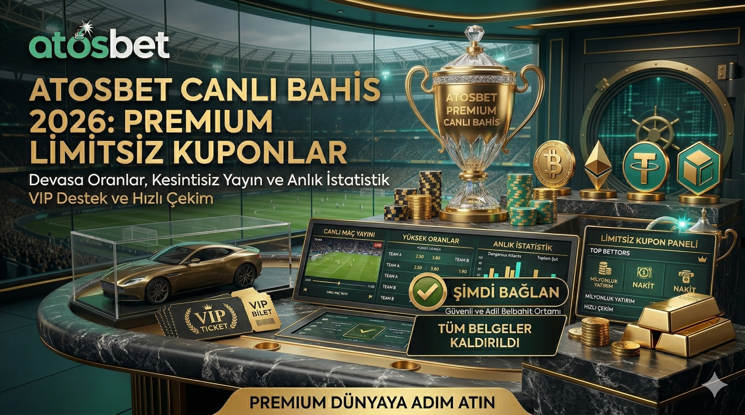 Atosbet premium canlı bahis ekranını, yüksek spor oranlarını ve VIP oyunculara sunulan limitsiz kupon ayrıcalıklarını gösteren lüks rehber görseli.