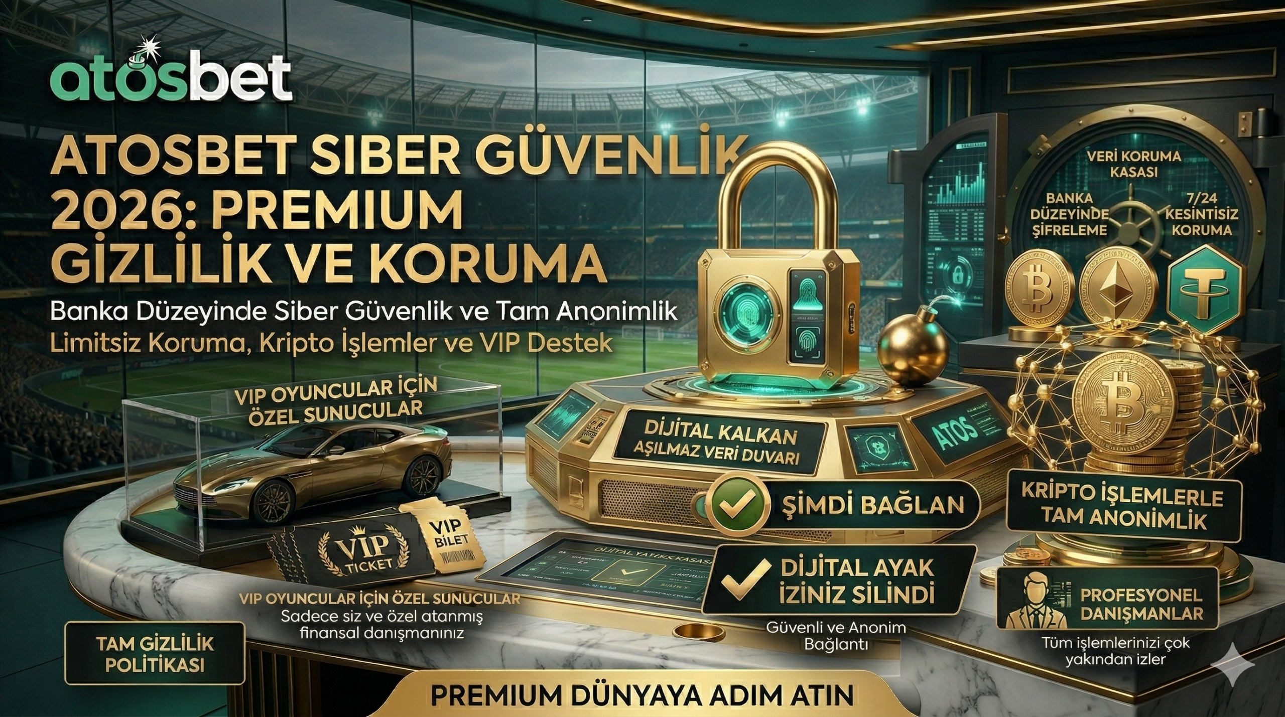 Atosbet siber güvenlik duvarını, VIP hesaplara sağlanan tam veri gizliliğini ve üst düzey şifreleme teknolojilerini gösteren premium rehber görseli.