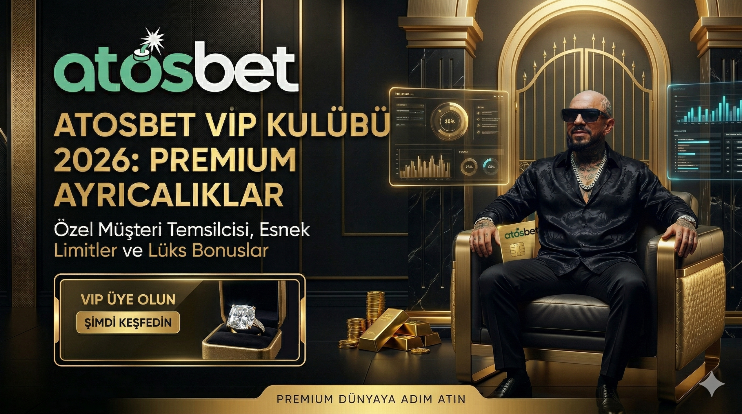 Atosbet VIP kulübü avantajlarını, özel müşteri temsilcisini ve limitsiz premium finansal işlemleri gösteren lüks rehber görseli.