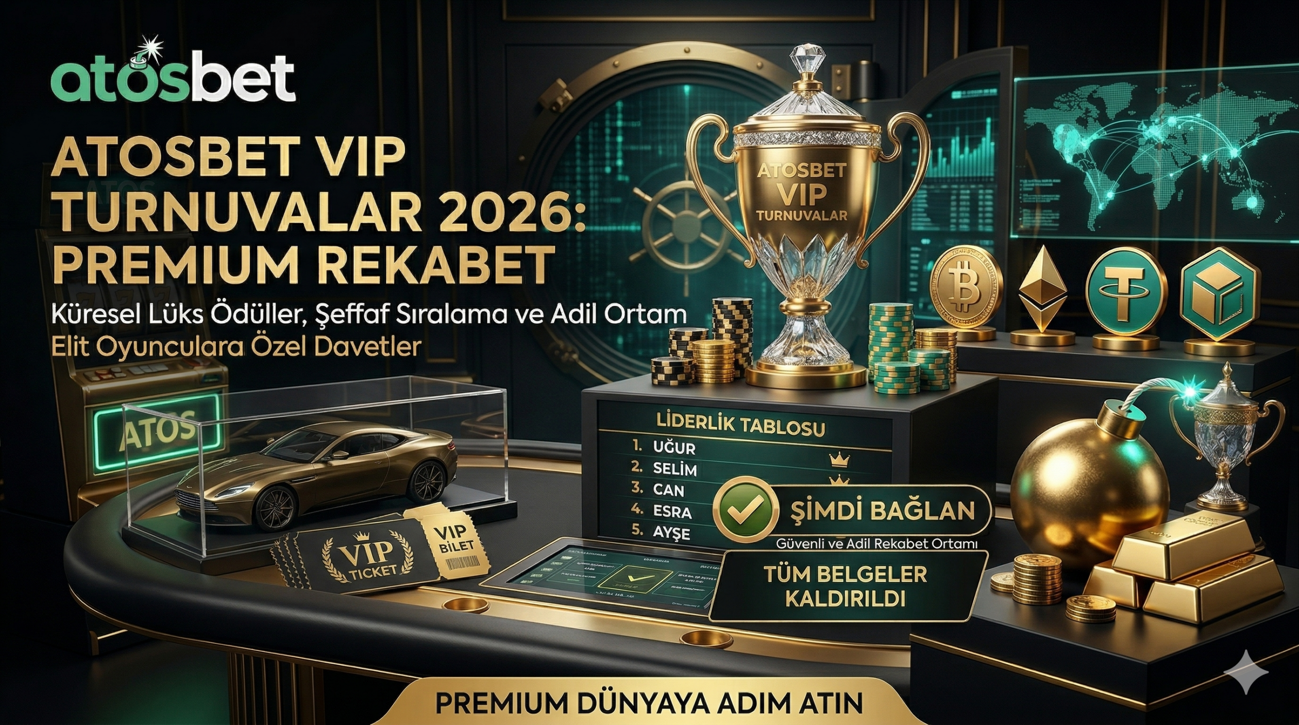 Atosbet VIP turnuvalar etkinliklerini, elit oyunculara sunulan lüks spor araba ödüllerini ve premium rekabet ortamını gösteren kurumsal görsel.