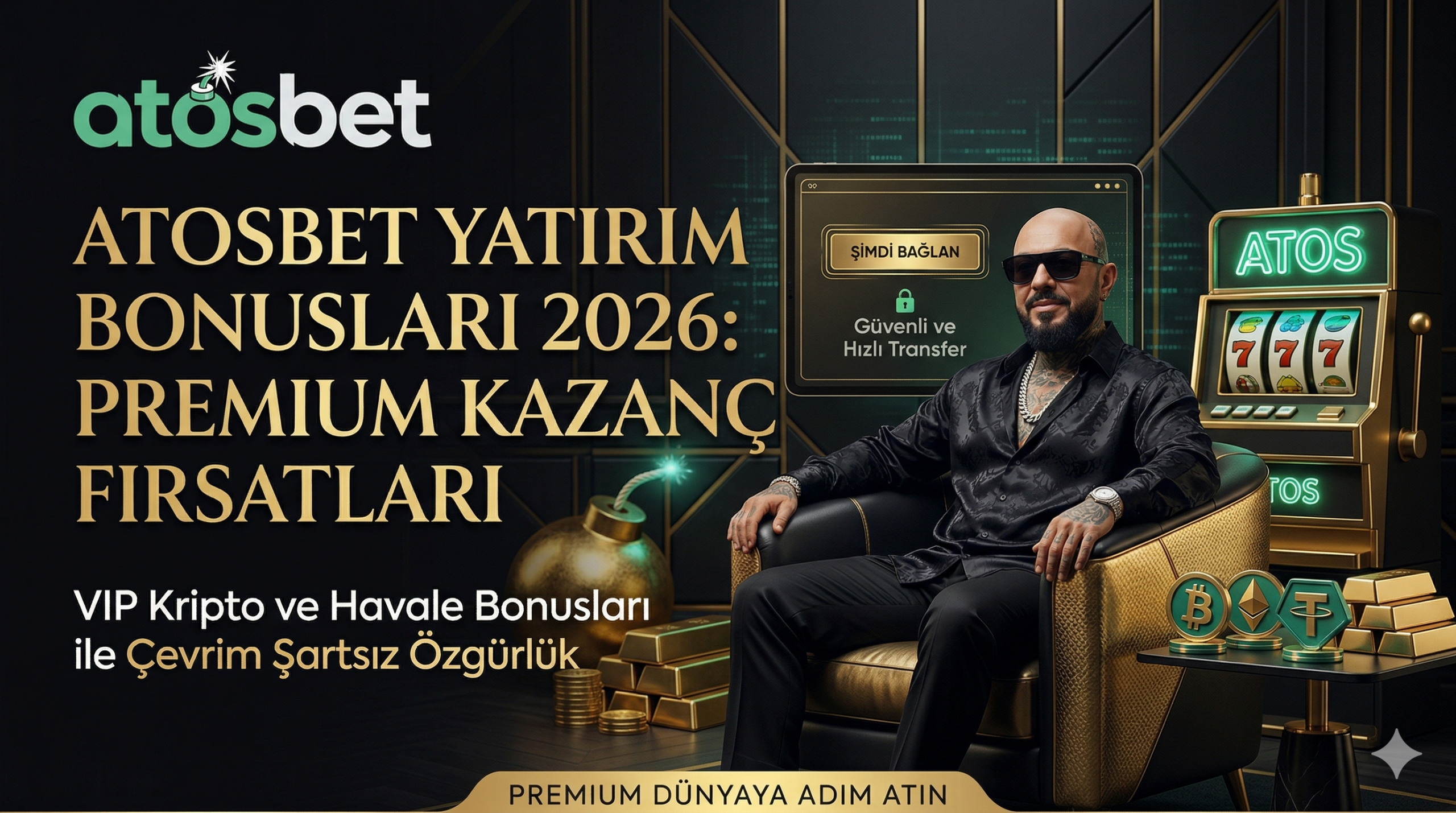 Atosbet yatırım bonusları kampanyalarını, VIP üyelere özel çevrimsiz lüks hediyeleri ve premium kripto fırsatlarını gösteren şık kurumsal görsel.