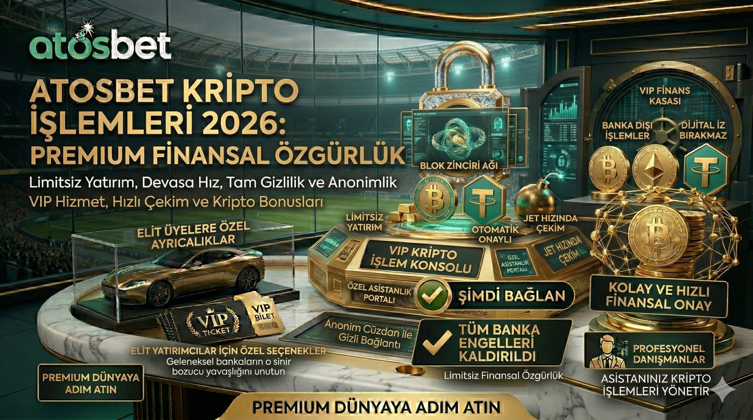 Atosbet kripto işlemlerini, VIP üyelere sağlanan limitsiz Bitcoin ve Tether yatırım kolaylığını gösteren lüks finansal rehber görseli.