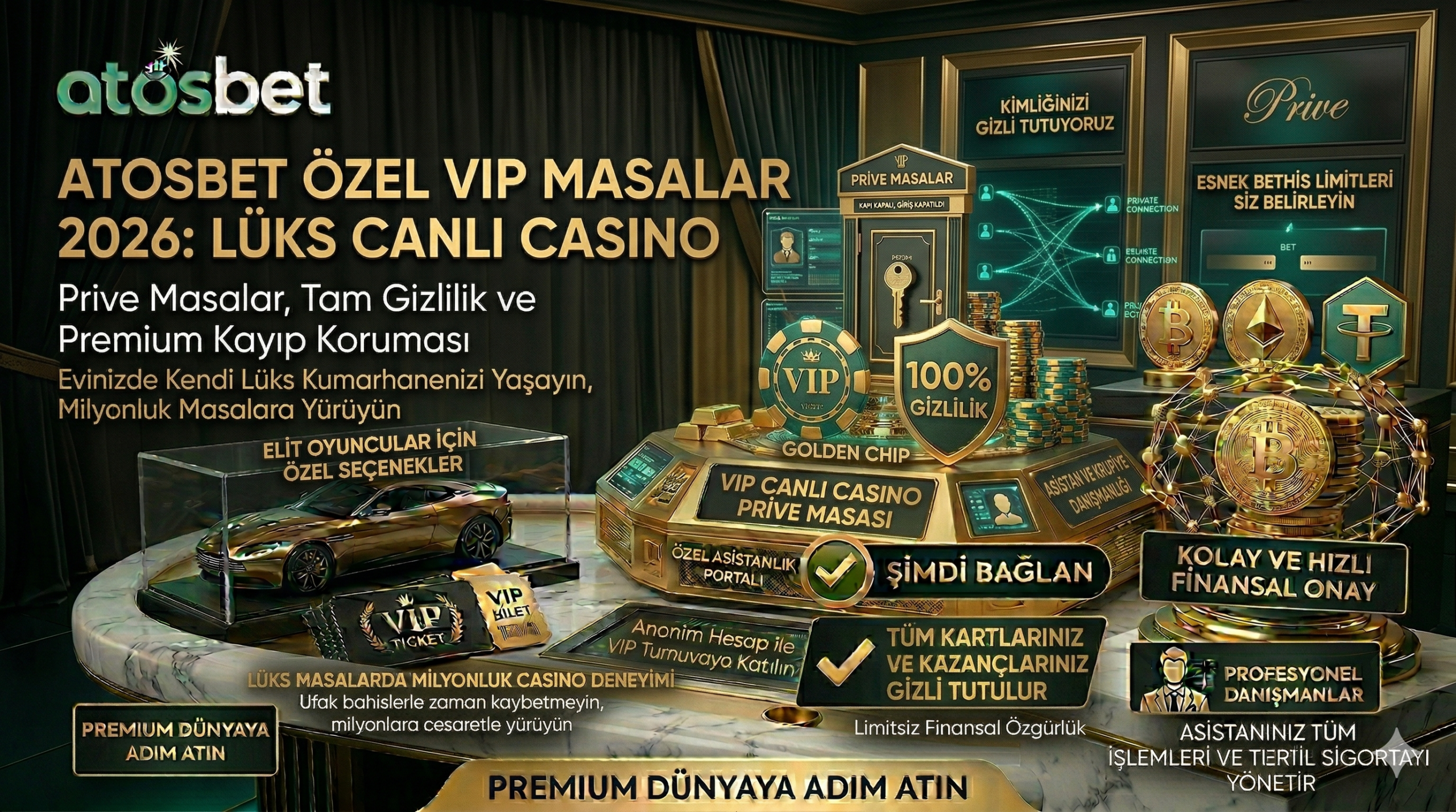 Atosbet özel VIP masalarını, elit oyunculara sunulan prive canlı casino odalarını ve gizli bahis imkanlarını gösteren lüks görsel.