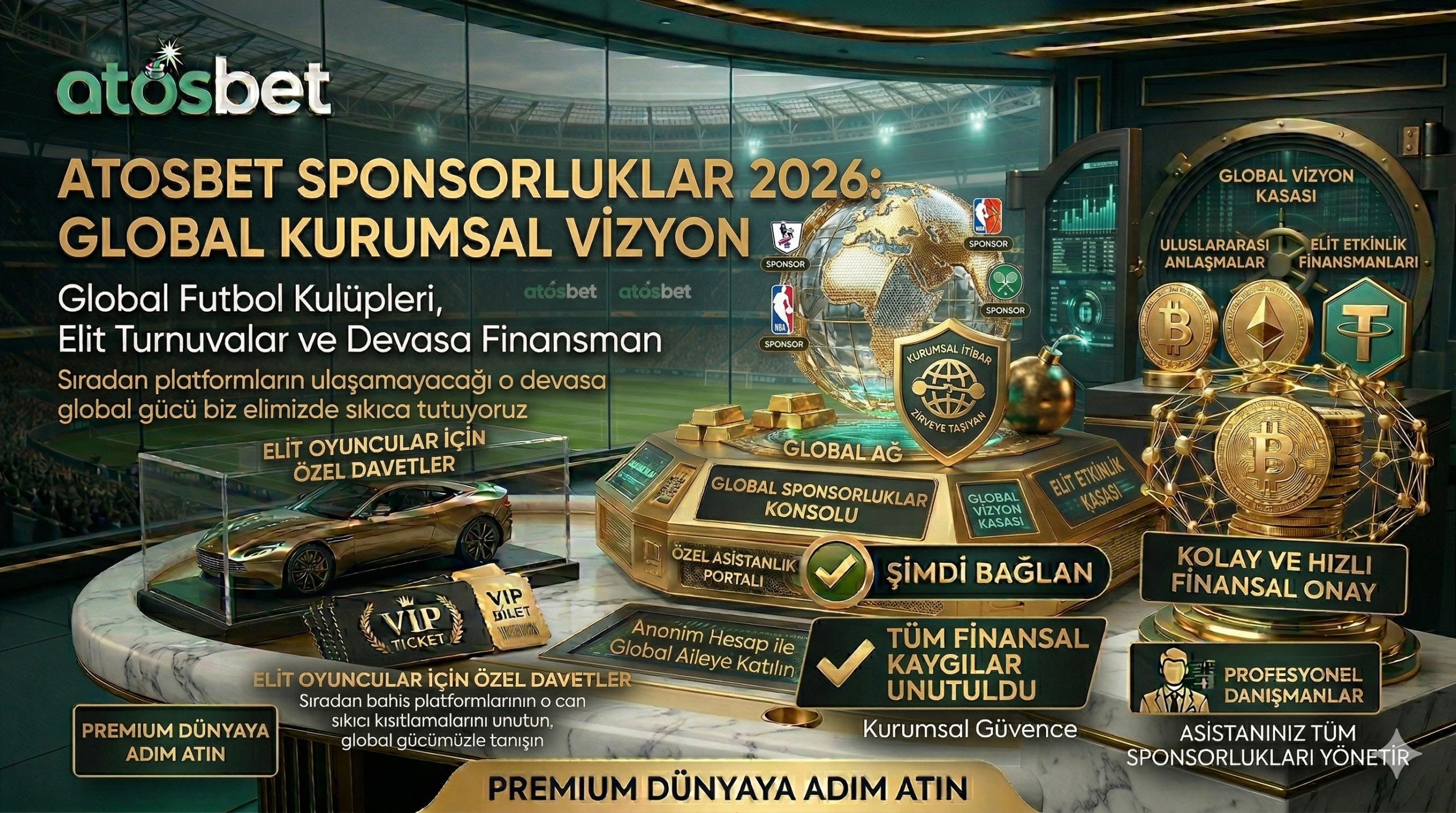 Atosbet sponsorluklar ağını, global futbol kulübü anlaşmalarını ve devasa kurumsal gücü gösteren lüks rehber görseli.