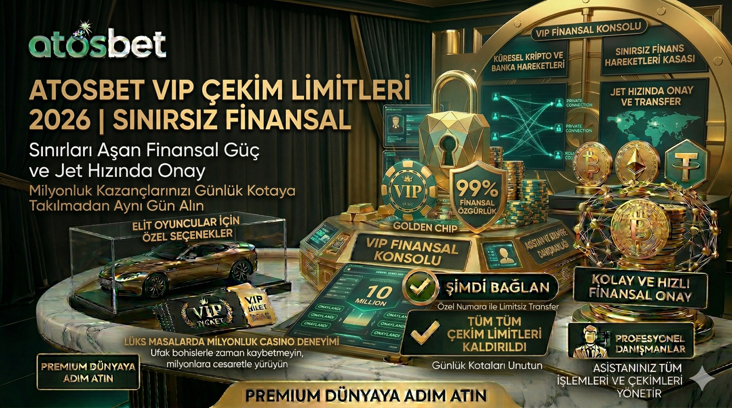 Atosbet VIP üyelerine sunulan sınırsız para çekme imkanlarını ve milyonluk finansal transferleri gösteren prestijli lüks görsel.
