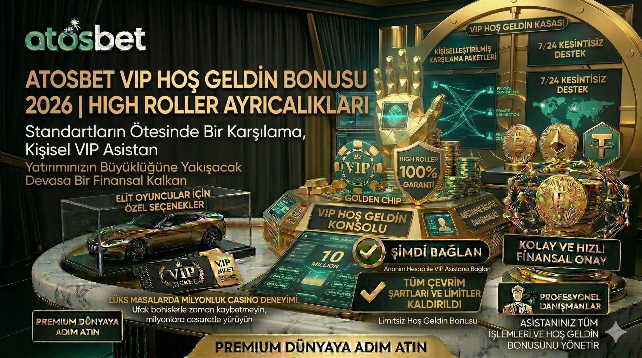 Atosbet VIP üyelerine sunulan devasa hoş geldin bonusunu, yüksek yatırım fırsatlarını ve lüks karşılama paketini gösteren premium görsel.