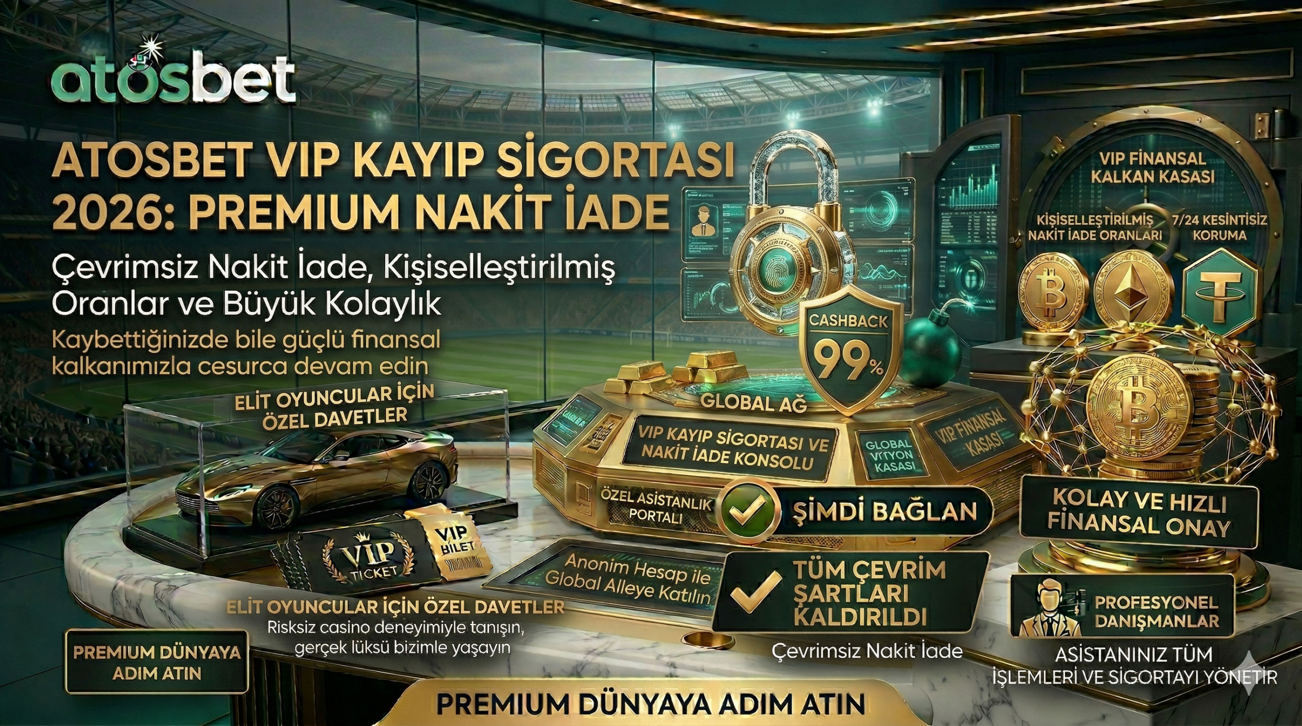 Atosbet VIP kayıp sigortası sistemini, elit oyunculara sunulan çevrimsiz nakit iade fırsatlarını ve lüks finansal kalkanı gösteren kurumsal görsel.