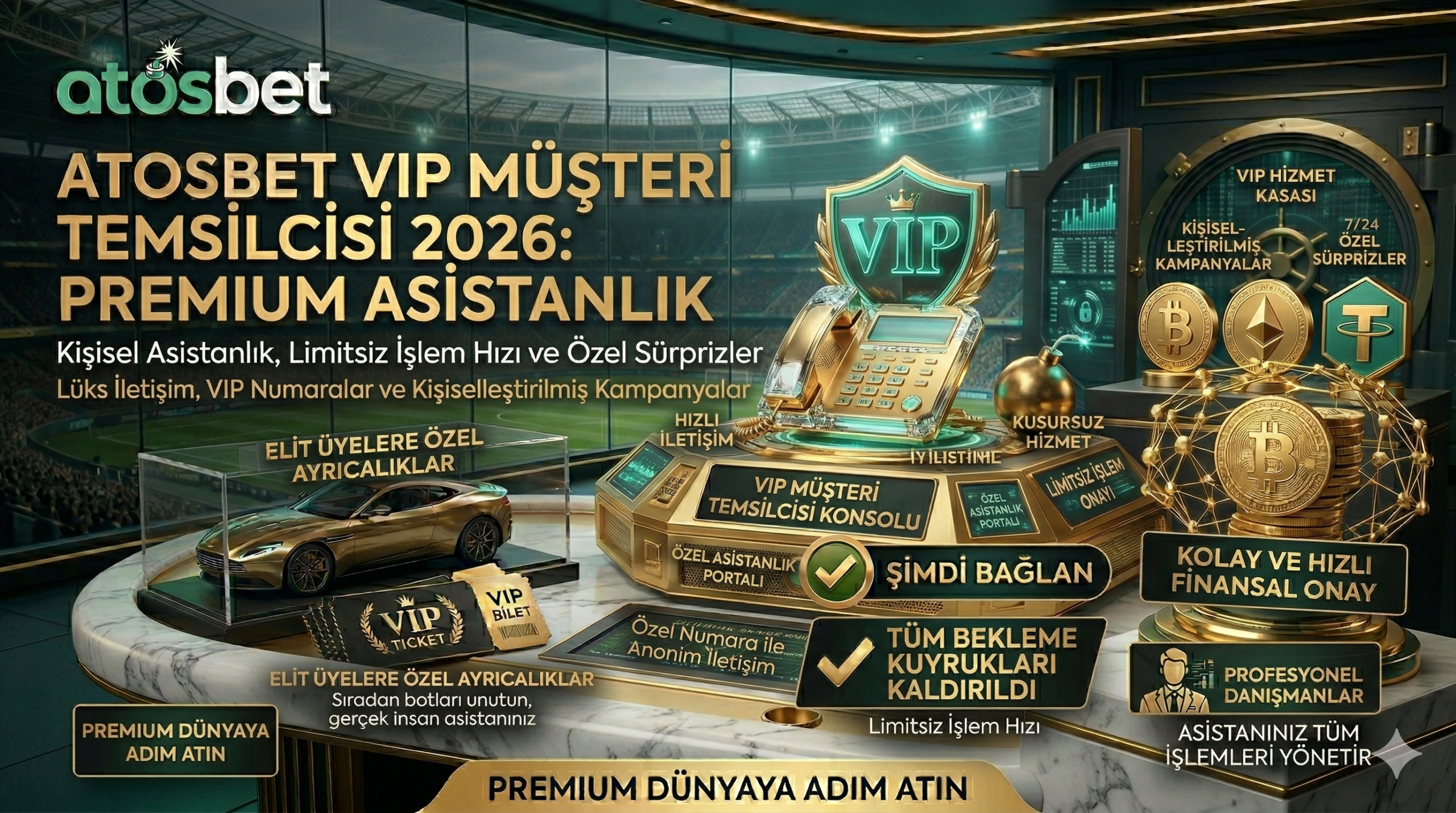 Atosbet VIP müşteri temsilcisi hizmetini, yüksek bütçeli oyunculara sağlanan özel asistanlığı ve lüks iletişim ayrıcalıklarını gösteren premium rehber görseli.