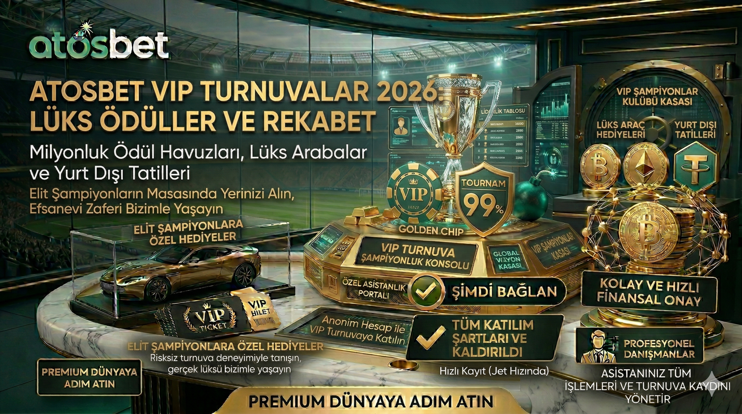 Atosbet VIP turnuvalarını, elit casino oyuncuları için hazırlanan milyonluk ödül havuzlarını ve lüks araç hediyelerini gösteren premium görsel.